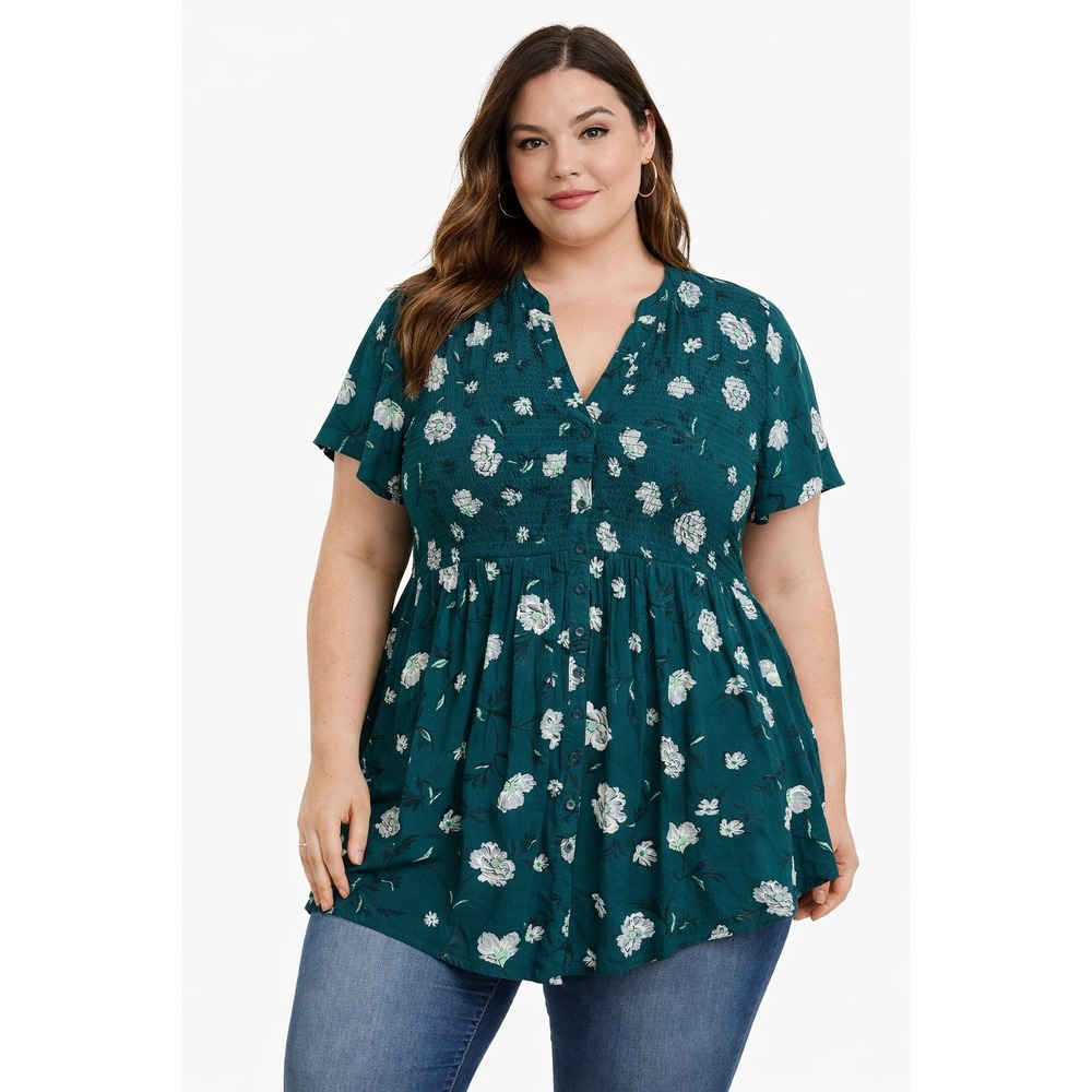Torrid Babydoll Tunic Teal Floral Smocked Boho Cottagecore Casual Size 1 Casual - Picture 1 of 16